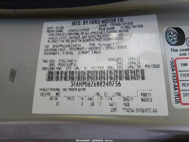 Продаж на аукціоні авто 2008 Ford Fusion S, vin: 3FAHP06Z68R240756, номер лоту: 44324997