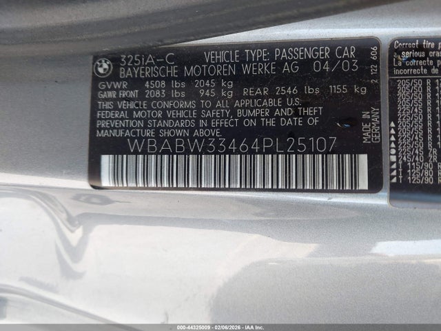 Aukcja sprzedaży 2004 Bmw 325ci, vin: WBABW33464PL25107, numer aukcji: 44325009