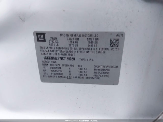 Aukcja sprzedaży 2017 Gmc Acadia Slt-1, vin: 1GKKNMLS7HZ130030, numer aukcji: 44325047