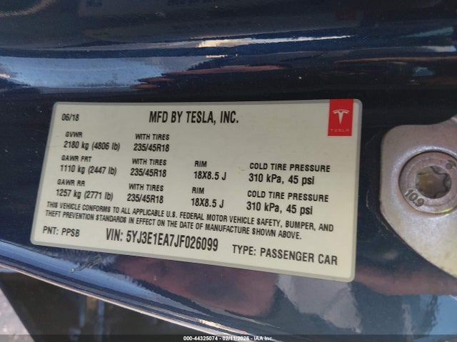 Auction sale of the 2018 Tesla Model 3 Long Range/mid Range, vin: 5YJ3E1EA7JF026099, lot number: 44325074