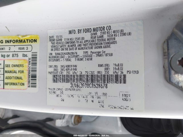 2016 Lincoln Mkz მანქანა იყიდება აუქციონზე, vin: 3LN6L2G90GR628678, აუქციონის ნომერი: 44325133