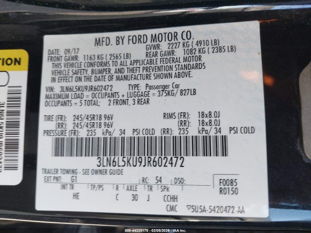 3LN6L5KU9JR602472 Lincoln Mkz Hybrid Premiere