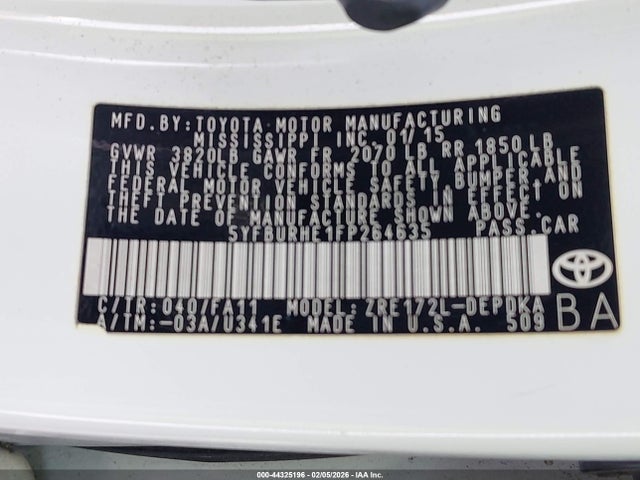 5YFBURHE1FP264635 Toyota COROLLA L
