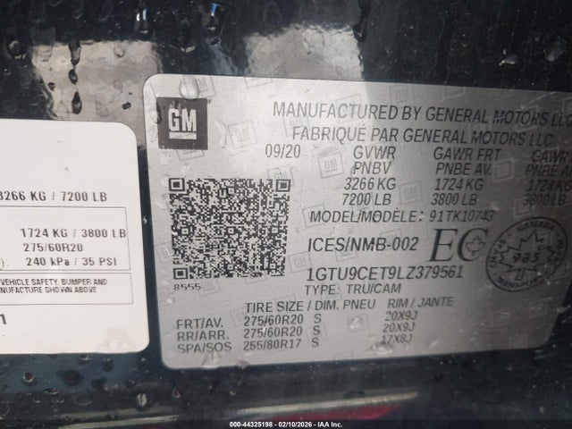 44325198 :رقم المزاد ، 1GTU9CET9LZ379561 vin ، 2020 Gmc Sierra 1500 Elevation مزاد بيع