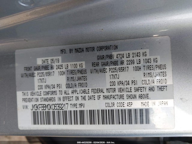 Продажа на аукционе авто 2019 Mazda Cx-5 Sport, vin: JM3KFBBM0K0639217, номер лота: 44325259