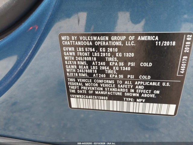 Продаж на аукціоні авто 2019 Volkswagen Atlas 3.6l V6 Se W/technology, vin: 1V2WR2CA4KC513803, номер лоту: 44325293