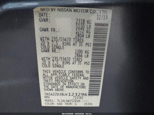 5N1AZ2DJ8LN123296 Nissan Murano Platinum Fwd