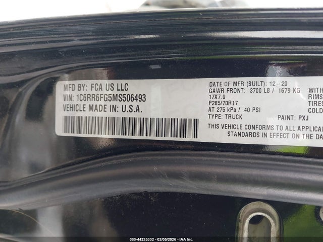 44325302 :رقم المزاد ، 1C6RR6FG5MS506493 vin ، 2021 Ram 1500 Classic مزاد بيع