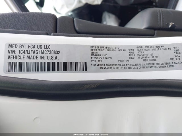 44325336 :رقم المزاد ، 1C4RJFAG1MC730832 vin ، 2021 Jeep Grand Cherokee Laredo E 4x4 مزاد بيع