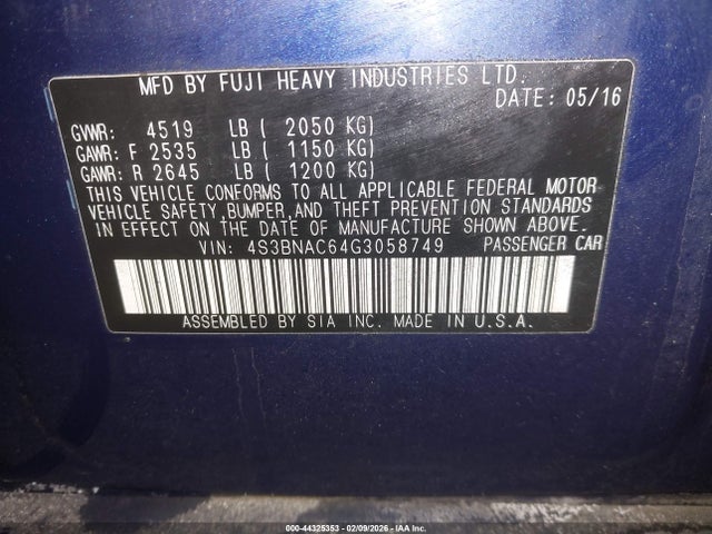 44325353 :رقم المزاد ، 4S3BNAC64G3058749 vin ، 2016 Subaru Legacy 2.5i Premium مزاد بيع