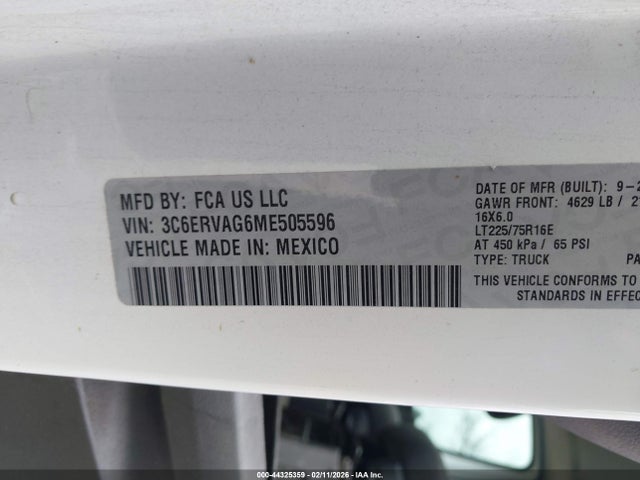 Aukcja sprzedaży 2021 Ram Promaster 1500 Low Roof 136 Wb, vin: 3C6ERVAG6ME505596, numer aukcji: 44325359