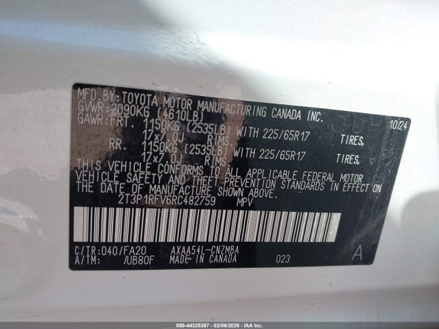 2024 Toyota Rav4 Xle მანქანა იყიდება აუქციონზე, vin: 2T3P1RFV6RC482759, აუქციონის ნომერი: 44325367