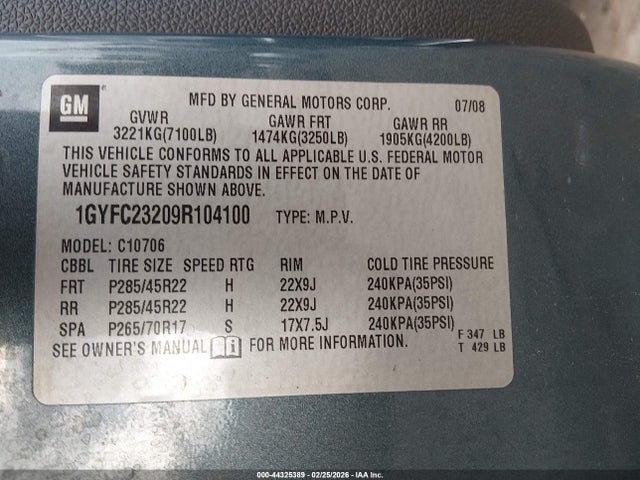 2009 CADILLAC ESCALADE 1GYFC23209R104100 Photo 8