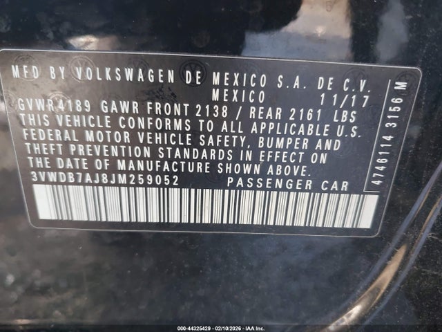 Auction sale of the 2018 Volkswagen Jetta 1.4t Se/1.4t Wolfsburg Edition, vin: 3VWDB7AJ8JM259052, lot number: 44325429