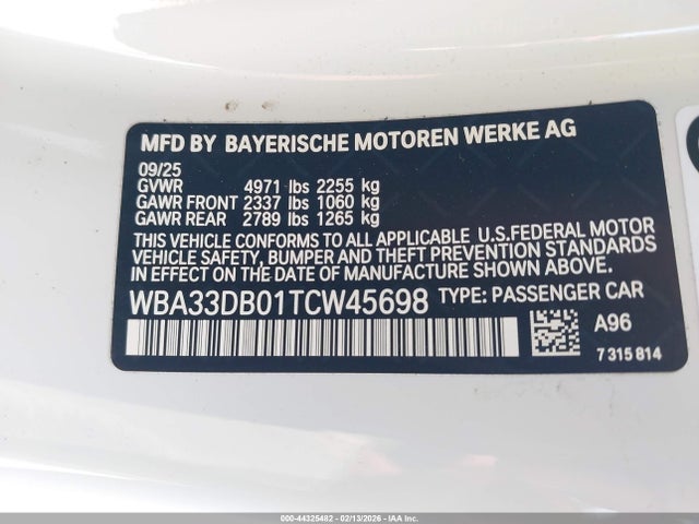 44325482 :رقم المزاد ، WBA33DB01TCW45698 vin ، 2026 Bmw 430i مزاد بيع