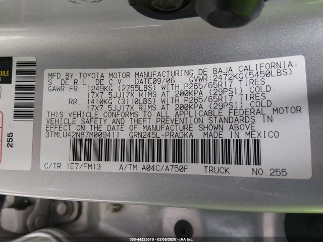 44325579 :رقم المزاد ، 3TMLU42N87M009411 vin ، 2007 Toyota Tacoma Base V6 مزاد بيع