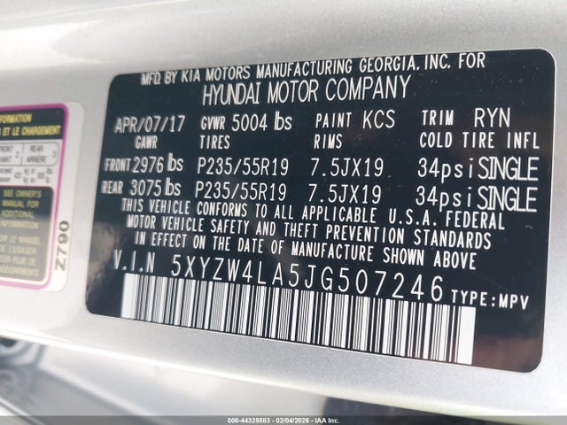 Auction sale of the 2018 Hyundai Santa Fe Sport 2.0t Ultimate, vin: 5XYZW4LA5JG507246, lot number: 44325583