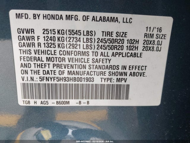 5FNYF5H93HB001903 Honda Pilot Touring