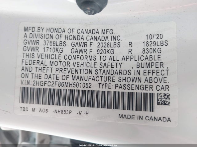 Продаж на аукціоні авто 2021 Honda Civic Sport, vin: 2HGFC2F86MH501052, номер лоту: 44325635