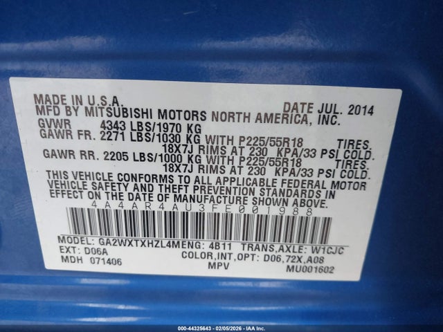 Продаж на аукціоні авто 2015 Mitsubishi Outlander Sport Se, vin: 4A4AR4AU3FE001988, номер лоту: 44325643
