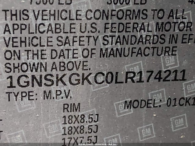 2020 Chevrolet Suburban 4wd Ls მანქანა იყიდება აუქციონზე, vin: 1GNSKGKC0LR174211, აუქციონის ნომერი: 44325652