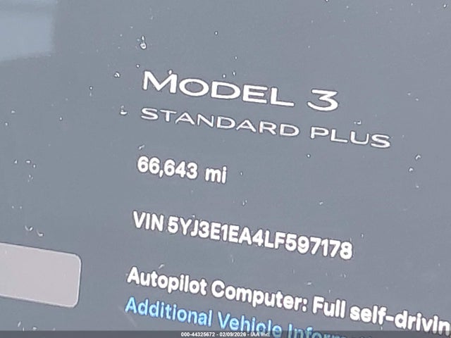 44325672 :رقم المزاد ، 5YJ3E1EA4LF597178 vin ، 2020 Tesla Model 3 Standard Range Plus Rear-wheel Drive/standard Range Rear-wheel Drive مزاد بيع