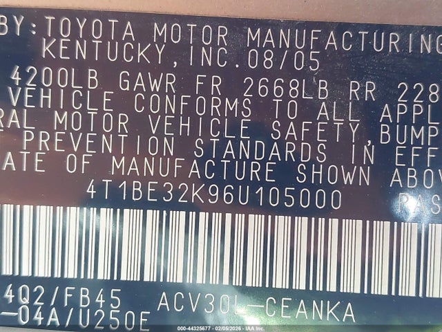 2006 Toyota Camry Le მანქანა იყიდება აუქციონზე, vin: 4T1BE32K96U105000, აუქციონის ნომერი: 44325677
