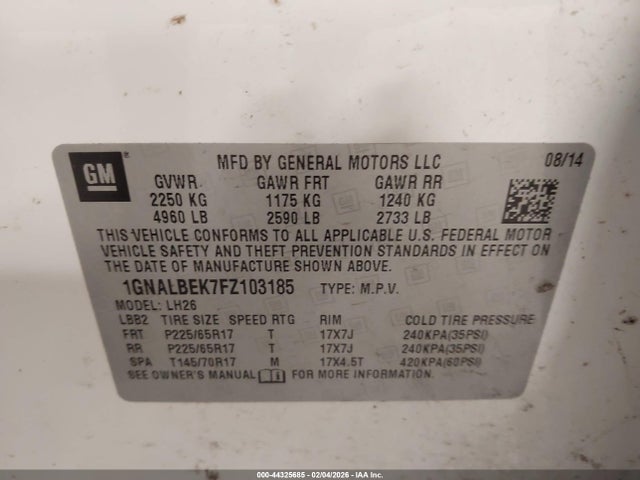 1GNALBEK7FZ103185 Chevrolet EQUINOX 1LT