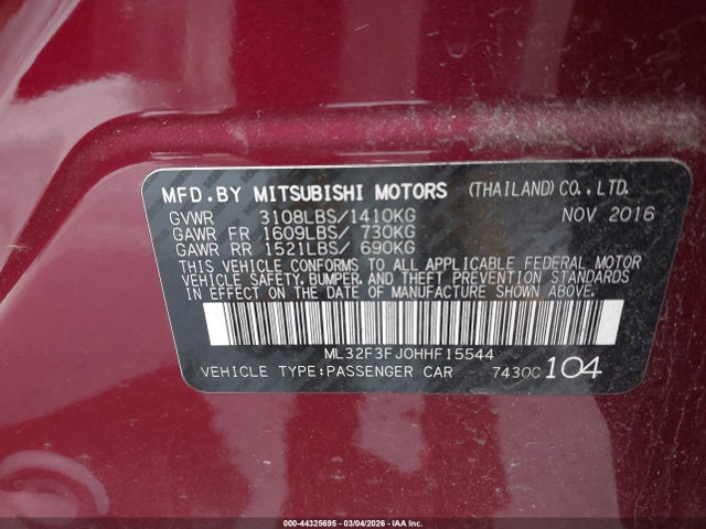 Aukcja sprzedaży 2017 Mitsubishi Mirage G4 Es, vin: ML32F3FJ0HHF15544, numer aukcji: 44325695