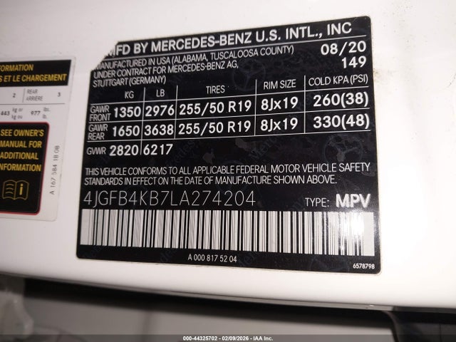 Aukcja sprzedaży 2020 Mercedes-benz Gle 350 4matic, vin: 4JGFB4KB7LA274204, numer aukcji: 44325702