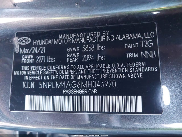 5NPLM4AG6MH043920 Hyundai ELANTRA SEL