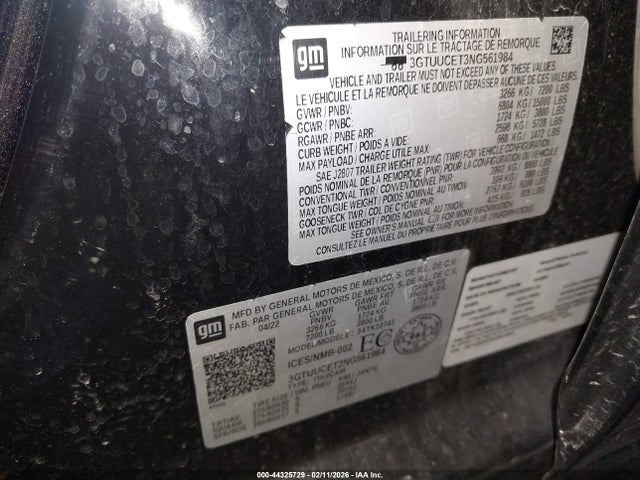 Продаж на аукціоні авто 2022 Gmc Sierra 1500 Elevation, vin: 3GTUUCET3NG561984, номер лоту: 44325729