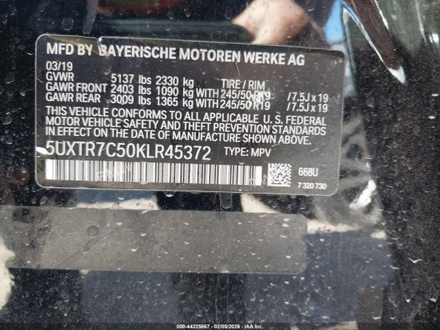 44325867 :رقم المزاد ، 5UXTR7C50KLR45372 vin ، 2019 Bmw X3 Sdrive30i مزاد بيع