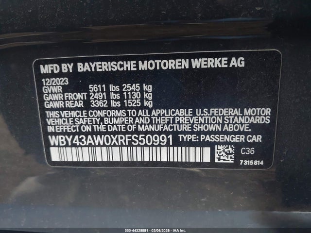 Продажа на аукционе авто 2024 Bmw I4 Gran Coupe Edrive35, vin: WBY43AW0XRFS50991, номер лота: 44325881