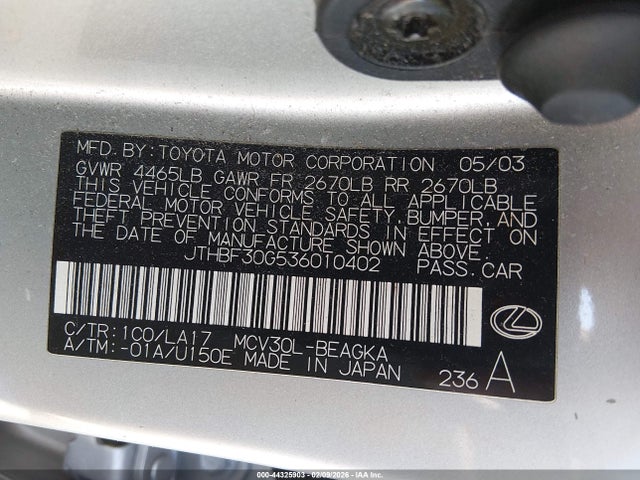 Продаж на аукціоні авто 2003 Lexus Es 300, vin: JTHBF30G536010402, номер лоту: 44325903