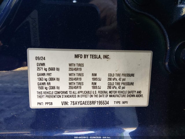 Aukcja sprzedaży 2024 Tesla Model Y Long Range Dual Motor All-wheel Drive, vin: 7SAYGAEE8RF195534, numer aukcji: 44325912