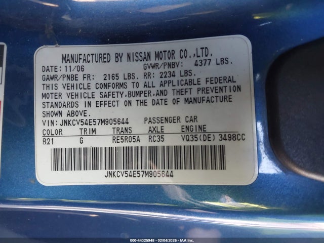 44325948 :رقم المزاد ، JNKCV54E57M905644 vin ، 2007 Infiniti G35 مزاد بيع