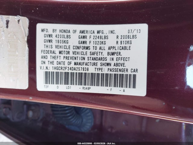 Aukcja sprzedaży 2013 Honda Accord Lx, vin: 1HGCR2F34DA257938, numer aukcji: 44325998