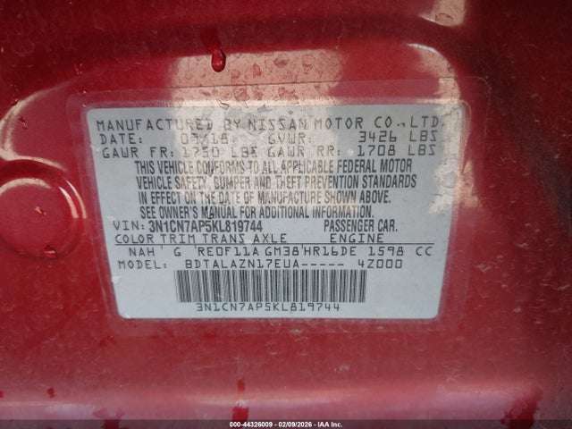 3N1CN7AP5KL819744 Nissan Versa 1.6 S+