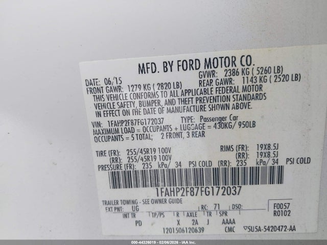 Ford Taurus Limited 2015 1FAHP2F87FG172037 Image 9