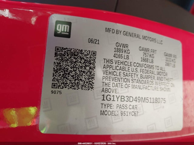 Chevrolet Corvette Stingray Rwd 2lt 2021 1G1YB3D49M5118075 Image 9