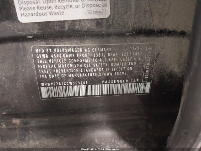 44326133 :رقم المزاد ، WVWPF7AJXCW353246 vin ، 2012 Volkswagen Golf R 4-door مزاد بيع