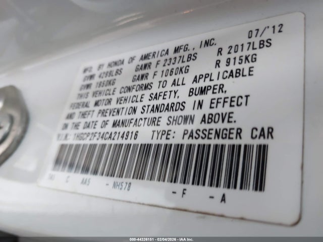 Продажа на аукционе авто 2012 Honda Accord 2.4 Lx, vin: 1HGCP2F34CA214916, номер лота: 44326151
