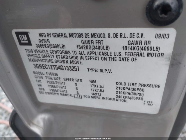 Продажа на аукционе авто 2004 Chevrolet Avalanche 1500, vin: 3GNEC12T54G133257, номер лота: 44326159