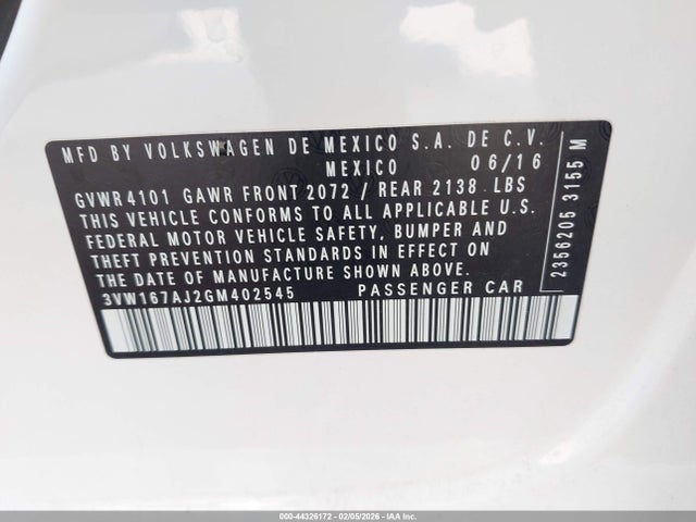 Aukcja sprzedaży 2016 Volkswagen Jetta 1.4t S, vin: 3VW167AJ2GM402545, numer aukcji: 44326172