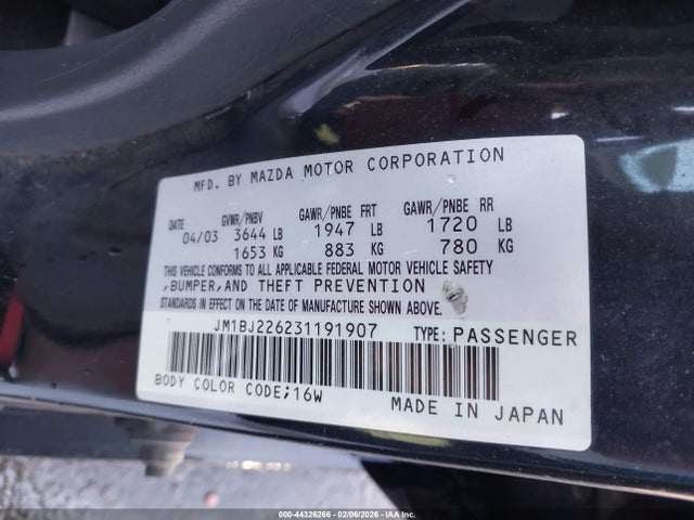 Aukcja sprzedaży 2003 Mazda Protege Dx/es/lx, vin: JM1BJ226231191907, numer aukcji: 44326266