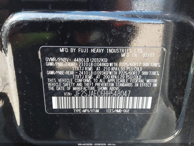 44326290 :رقم المزاد ، JF2SJAEC6HH548047 vin ، 2017 Subaru Forester 2.5i Premium مزاد بيع