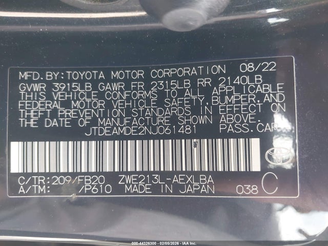 JTDEAMDE2NJ061481 Toyota Corolla Hybrid Le
