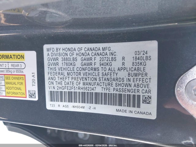 2HGFE2F51RH562347 Honda Civic Sport