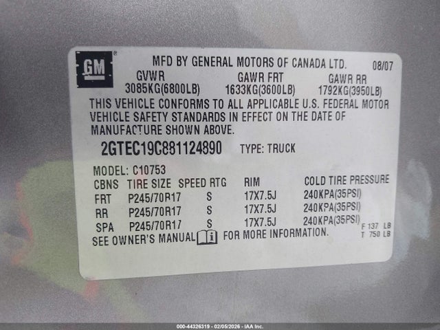 Aukcja sprzedaży 2008 Gmc Sierra 1500 Sle1, vin: 2GTEC19C881124890, numer aukcji: 44326319